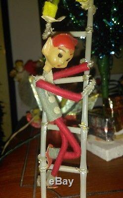 Rare Vintage Lighted Pixie Elves with Ladder Tree Santa Angel + Sleigh & Reindeer