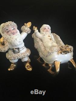 Rare Vtg Xmas Figures Cream Porcelain 2 Santas Sleigh 8 Reindeer Spaghetti Gold