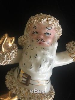 Rare Vtg Xmas Figures Cream Porcelain 2 Santas Sleigh 8 Reindeer Spaghetti Gold