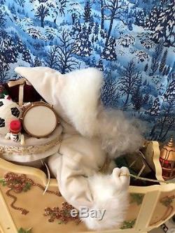 Rare White & Gold Christmas Musical Animated Santa & Reindeer Sleigh with Light