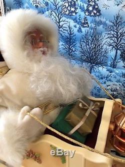 Rare White & Gold Christmas Musical Animated Santa & Reindeer Sleigh with Light