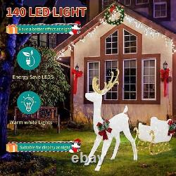 Reindeer and Santa's Sleigh (White) Christmas Décor Includes Pre-Strung LED