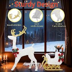 Reindeer and Santa's Sleigh (White) Christmas Décor Includes Pre-Strung LED