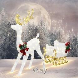 Reindeer and Santa's Sleigh (White) Christmas Décor Includes Pre-Strung LED