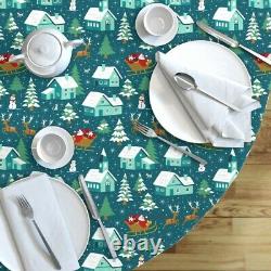 Round Tablecloth Christmas Santa Snow Village Sleigh Reindeer Cotton Sateen