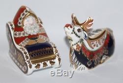 Royal Crown Derby Reindeer & Santa & Sleigh Paperweights Box/Gold Stoppers