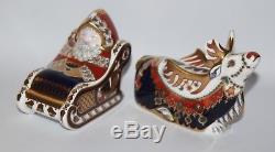 Royal Crown Derby Reindeer & Santa & Sleigh Paperweights Box/Gold Stoppers