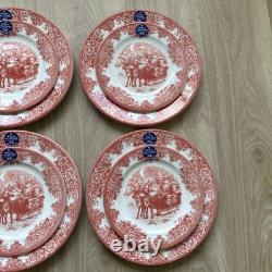 Royal Stafford Red Santa's Sleigh Reindeer Christmas Dinner & Salad Plates 12 ct