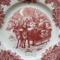 Royal Stafford Red Santa's Sleigh Reindeer Christmas Dinner & Salad Plates 12 ct