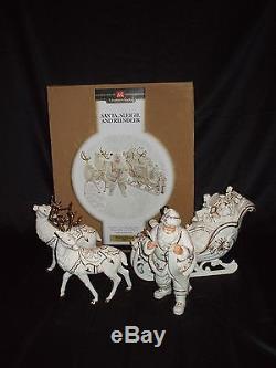 Santa, Sleigh And Reindeer Santa Scene White And Gold Accents New In Box