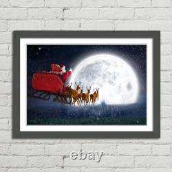 Santa Claus Moon Sleigh Reindeer Christmas Canvas Framed Print Picture Wall Art
