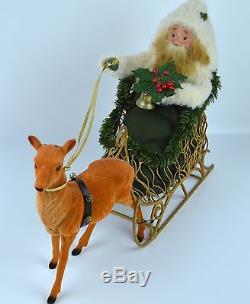 Santa Claus Reindeer Byers Choice Carolers Gold Sleigh Sled 2000 White Suit Xmas