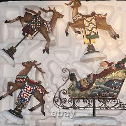 Santa Claus Sleigh & Reindeer Figurine Set Vintage