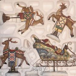 Santa Claus Sleigh & Reindeer Figurine Set Vintage