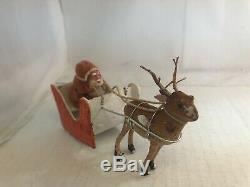 Santa In Sleigh with Reindeer Vintage Christmas Ornament Cotton Batting Very Old