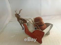 Santa In Sleigh with Reindeer Vintage Christmas Ornament Cotton Batting Very Old