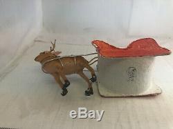 Santa In Sleigh with Reindeer Vintage Christmas Ornament Cotton Batting Very Old
