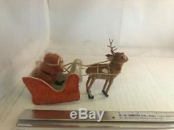 Santa In Sleigh with Reindeer Vintage Christmas Ornament Cotton Batting Very Old