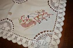 Santa & Reindeer Sleigh & Frosty Too German Christmas Tablecloth Crochet Insets