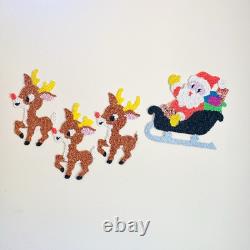 Santa Sleigh & 3 Rudolph Reindeer Melted Plastic Popcorn Christmas Decor 1970's