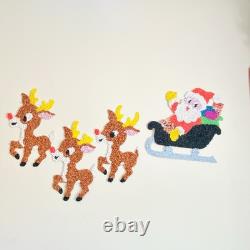 Santa Sleigh & 3 Rudolph Reindeer Melted Plastic Popcorn Christmas Decor 1970's