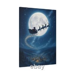 Santa Sleigh Canvas Print Christmas Wall Art Reindeer Flying Holiday Decor Gift