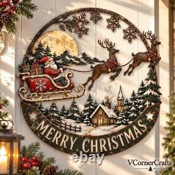 Santa Sleigh Christmas Metal Sign, Rustic Winter Wall Decor With Reindeer