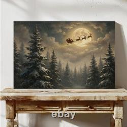Santa Sleigh Full Moon Canvas Art Vintage Christmas Reindeer Decor
