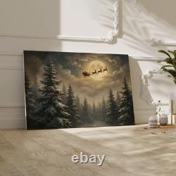 Santa Sleigh Full Moon Canvas Art Vintage Christmas Reindeer Decor