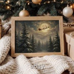 Santa Sleigh Full Moon Canvas Art Vintage Christmas Reindeer Decor