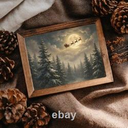 Santa Sleigh Full Moon Canvas Art Vintage Christmas Reindeer Decor