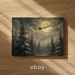 Santa Sleigh Full Moon Canvas Art Vintage Christmas Reindeer Decor