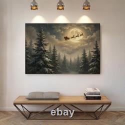 Santa Sleigh Full Moon Canvas Art Vintage Christmas Reindeer Decor
