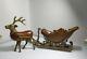 Santa Sleigh Reindeer Brass Carved Wood Christmas