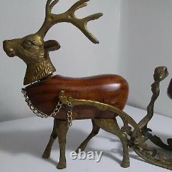Santa Sleigh Reindeer Brass Carved Wood Christmas
