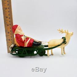 Santa Sleigh Reindeer Wind Up Toy Bell Celluloid Metal Vintage