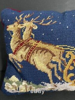 Santa Sleigh Snowy Sky Reindeer Wool Needlepoint Velvet Pillow 14x10.5