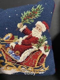 Santa Sleigh Snowy Sky Reindeer Wool Needlepoint Velvet Pillow 14x10.5