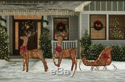 Santa Sleigh With Reindeer Christmas Lighted LED PreLit Holiday Yard Decor Lawn
