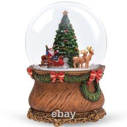 Santa Sleigh and Reindeer Christmas Tree Snow Globe, Glittering Snowflakes, F