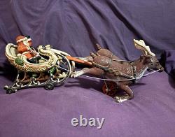 Santa Sleigh with Reindeer Metal Figurine, Hand Painted HUBLEY ANTIQUE