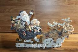 Santa in sleigh with boy and girl four reindeer on clouds Rare VTG Unique 80's