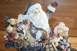 Santa in sleigh with boy and girl four reindeer on clouds Rare VTG Unique 80's