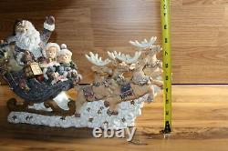 Santa in sleigh with boy and girl four reindeer on clouds Rare VTG Unique 80's