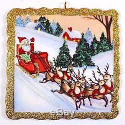 Santa withSleigh & Reindeer Bringing Toys glittered wood Xmas Ornament vtg img