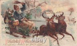 Scarce 1901 Htl Christmas Postcard Santa Claus Reindeer Sleigh Cherubs Toys Snow