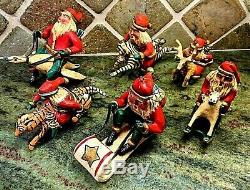 Set, 6 Rare Bill Jauquet Folk Art, Santa with Goose, Tiger, Reindeer, Sled, Zebra +