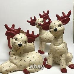 Set Of 3 Vintage Large Quilted Kimple Reindeer With Sleigh And Santa