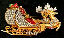 Signed Swarovski Crystal Santa in Reindeer Sleigh PinBrooch, Retired New In Box
