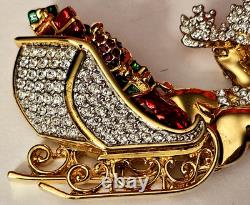 Signed Swarovski Crystal Santa in Reindeer Sleigh PinBrooch, Retired New In Box